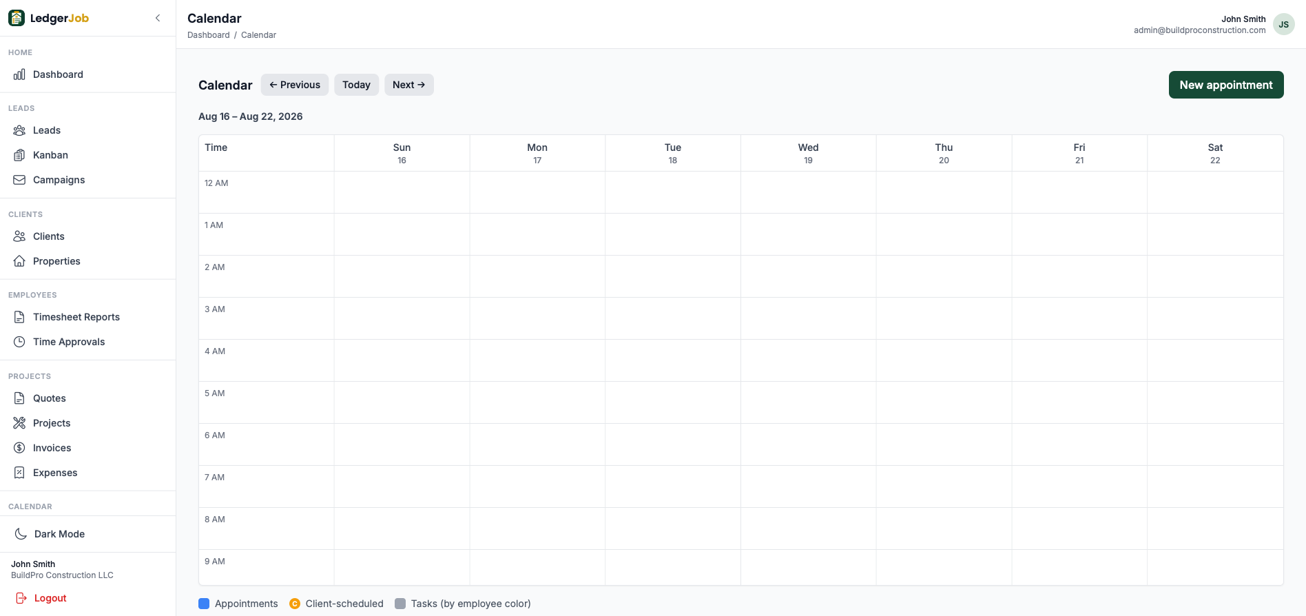 Calendar week view with appointments and client scheduled events.