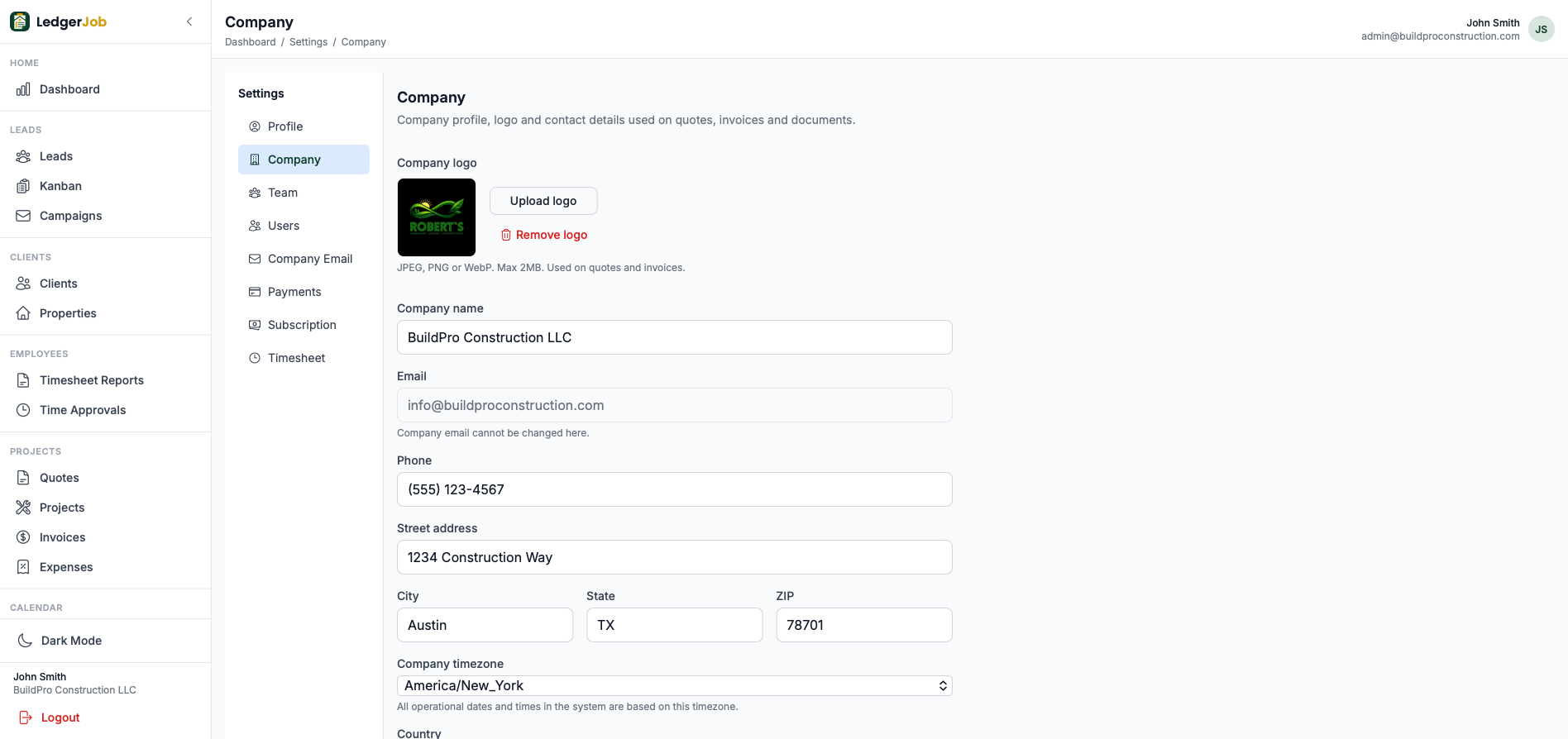 Company settings page with branding, contact, address, and timezone fields.