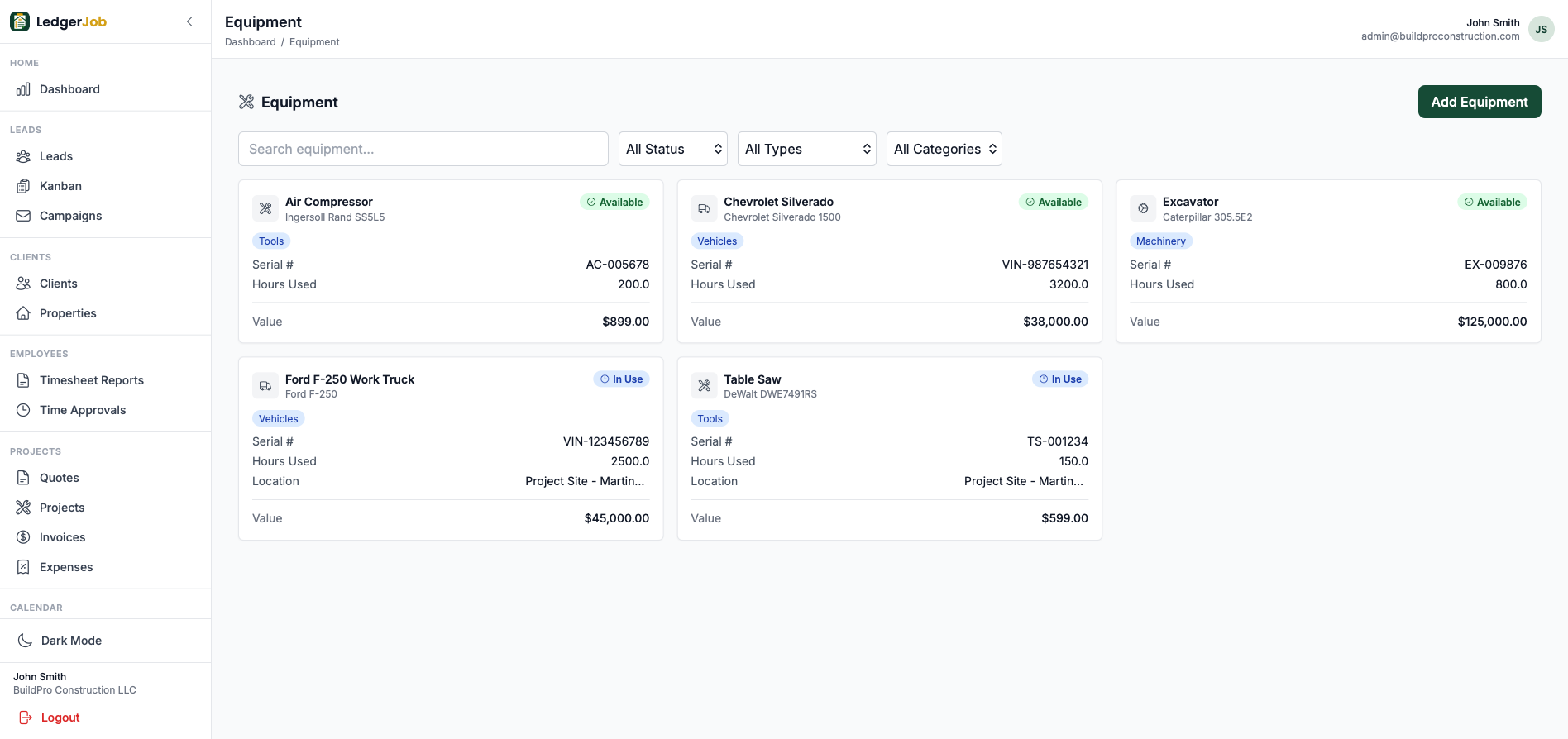 Equipment module with inventory cards, usage metrics, and availability status.