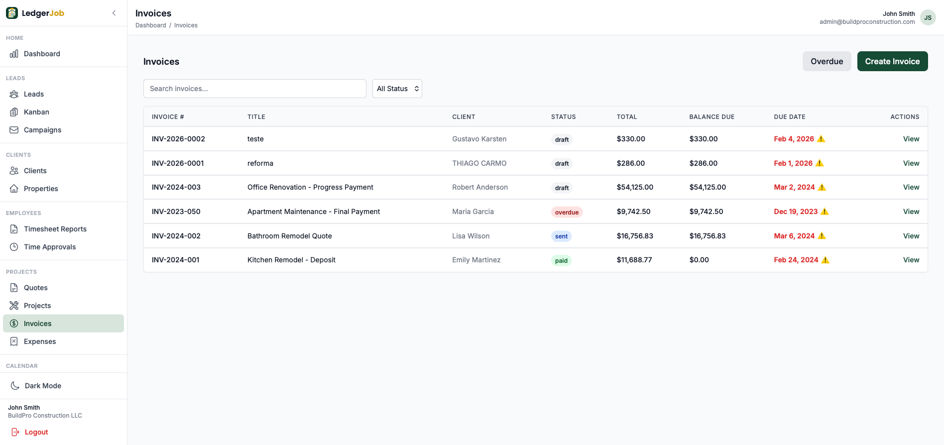 Invoices table with due dates, balances, and status tags including overdue.