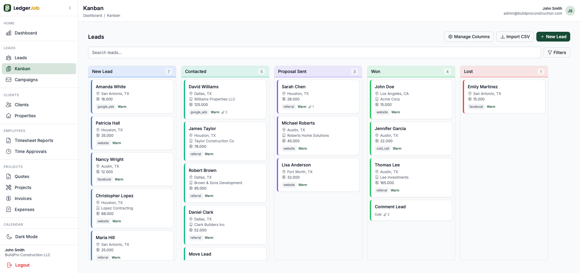 Kanban board for leads with stages from new lead to won and lost.