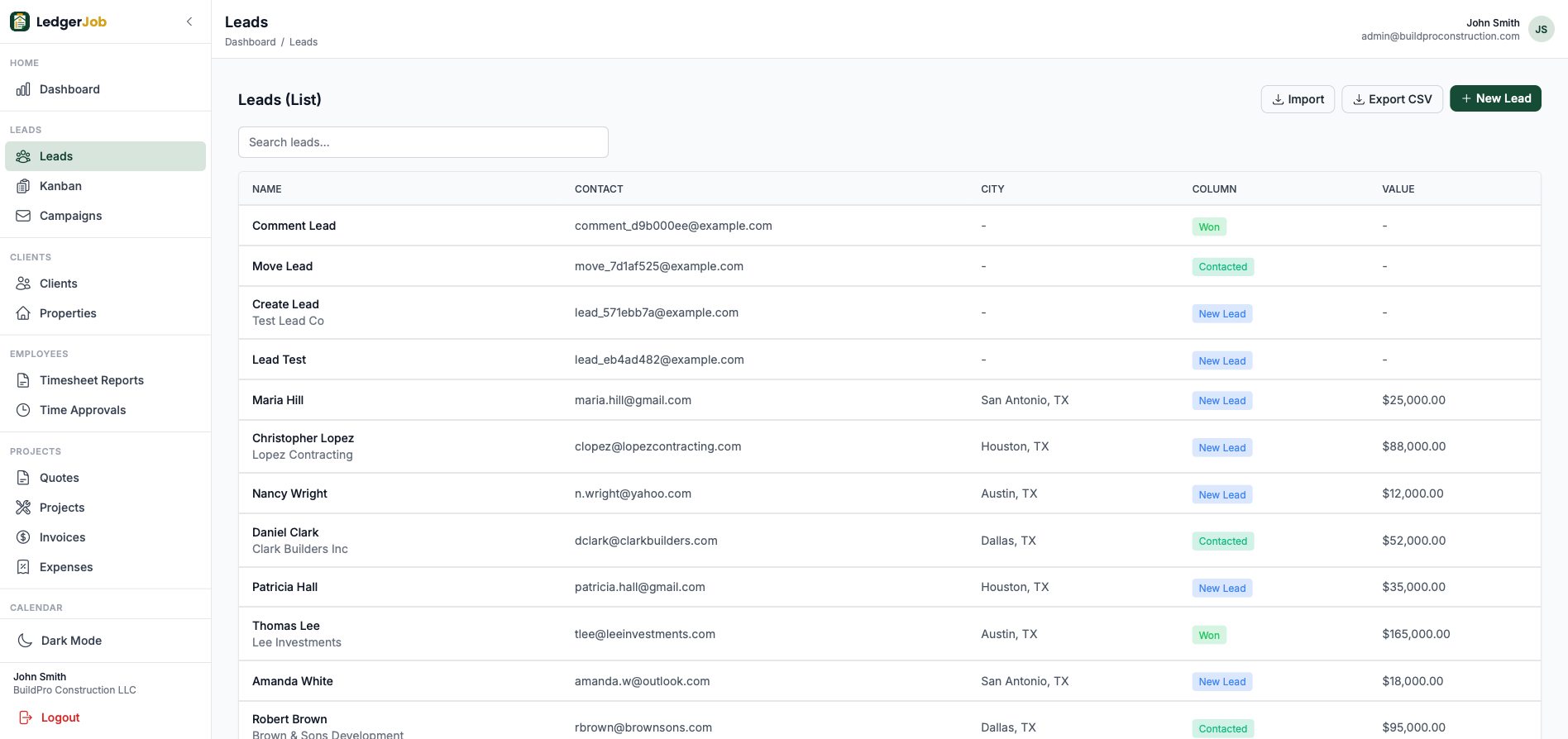 Leads list view with contact details, city, pipeline column, and lead values.