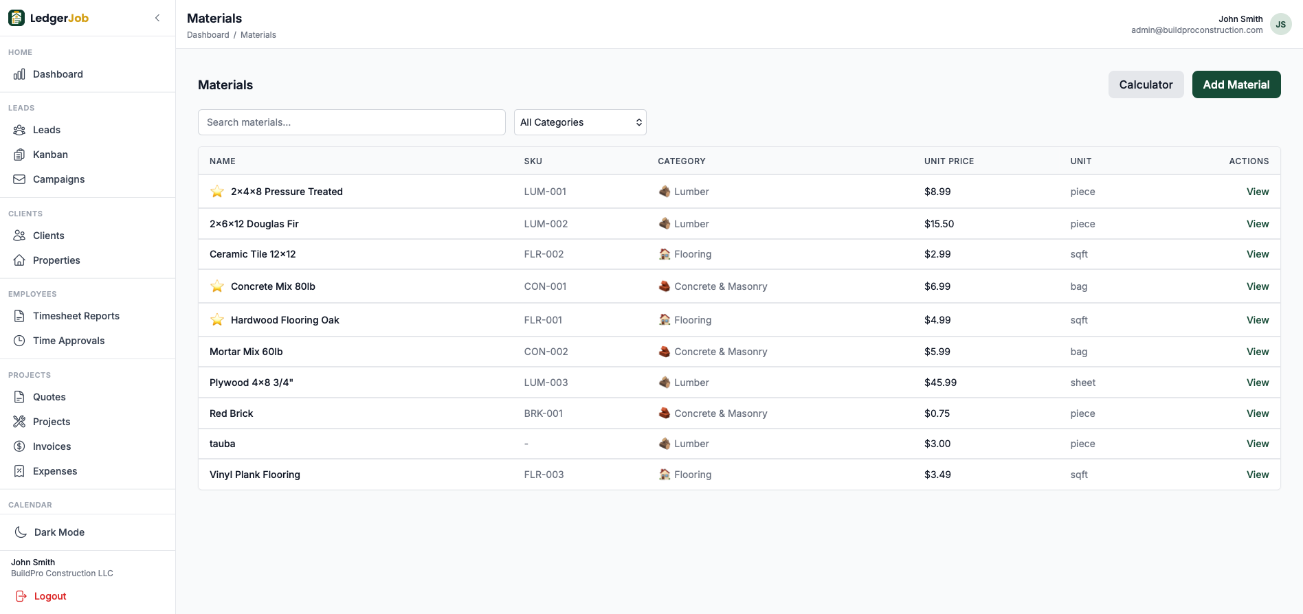 Materials catalog with SKU, category, unit price, and unit columns.