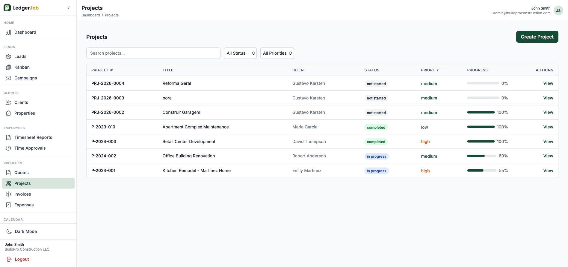 Projects list with status, priority, and progress indicators.