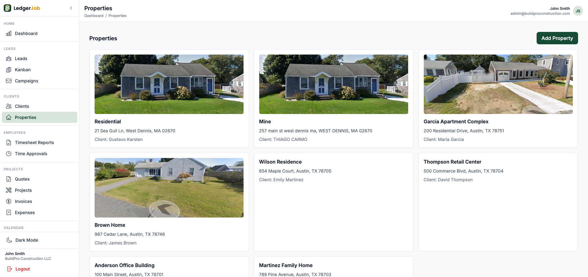Properties module with property cards, addresses, and linked clients.