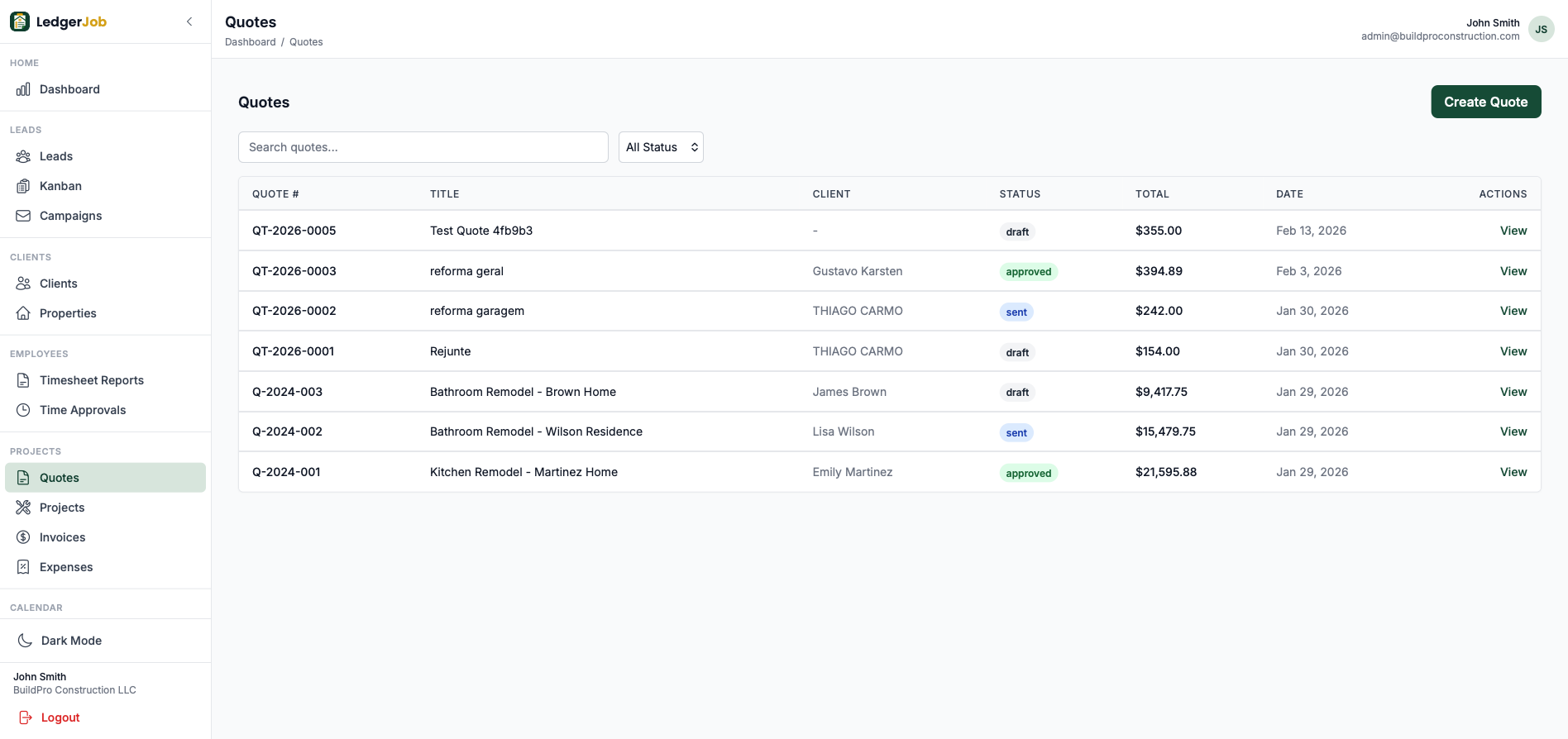 Quotes list with statuses, totals, client references, and action links.