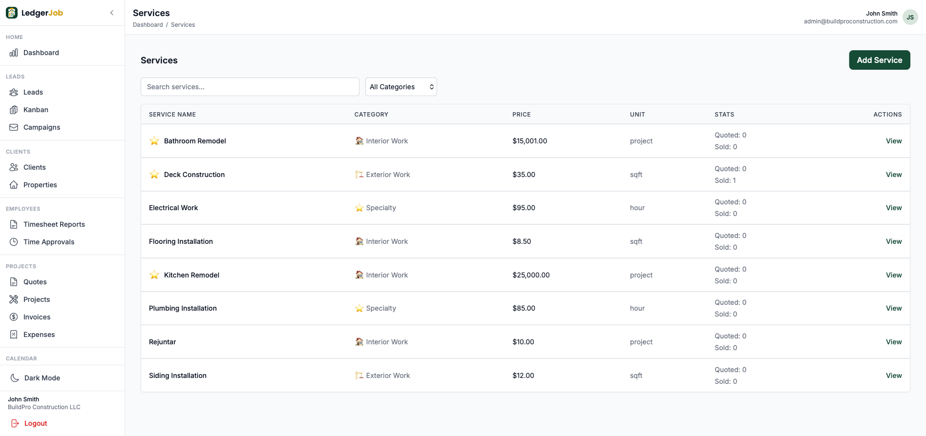 Services catalog with pricing units, categories, and usage stats.