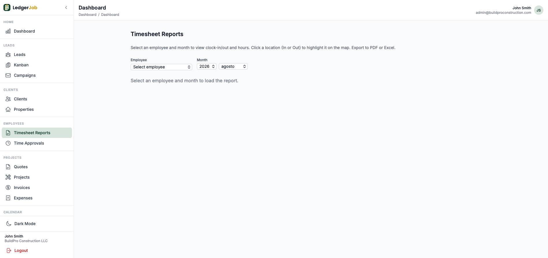 Timesheet reports with hour totals, map view, and daily time entries.
